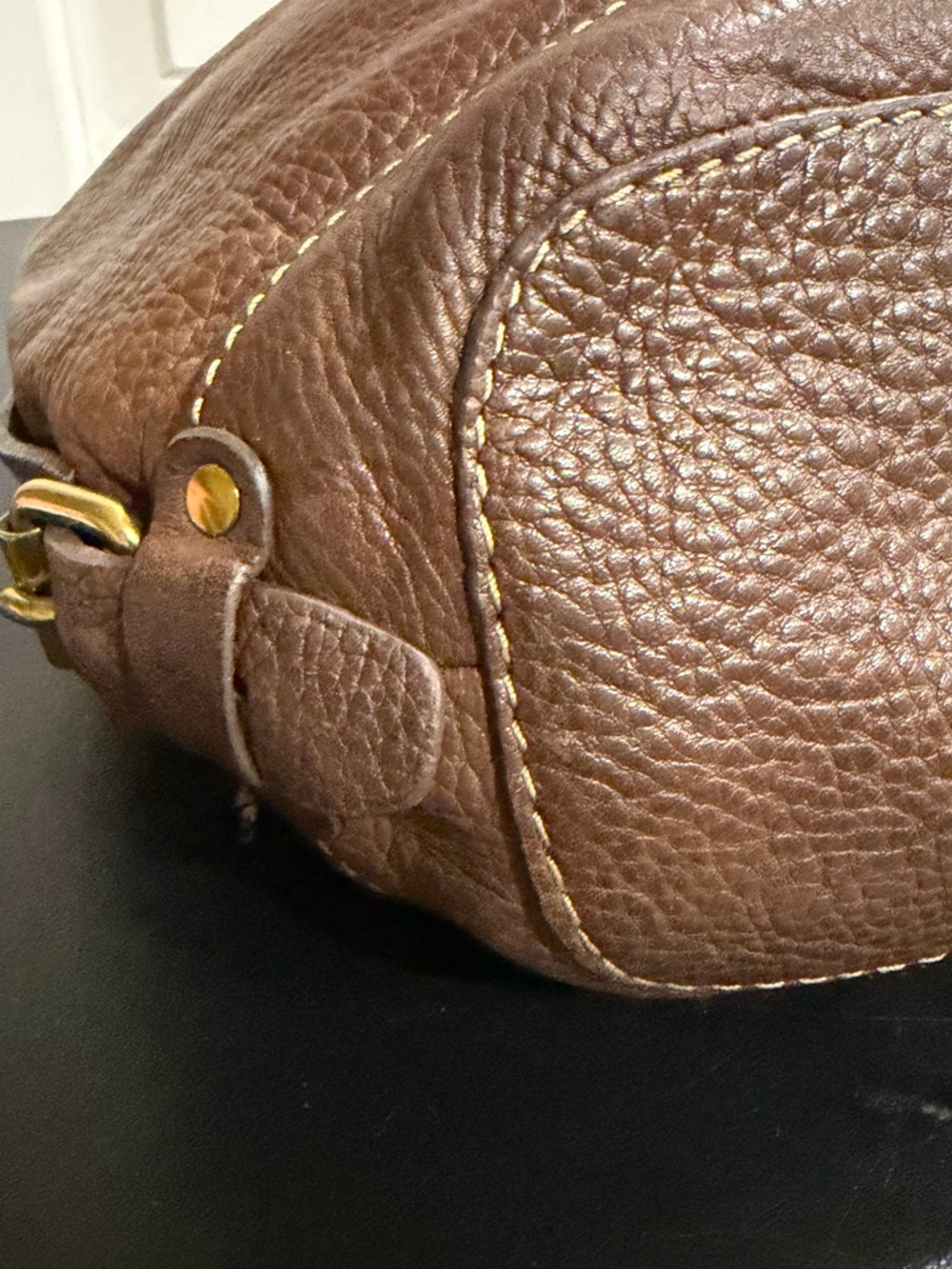 Fossil Brown Pebbled Leather Bucket Shoulder Bag with Dark Trim - Picture 6 of 8